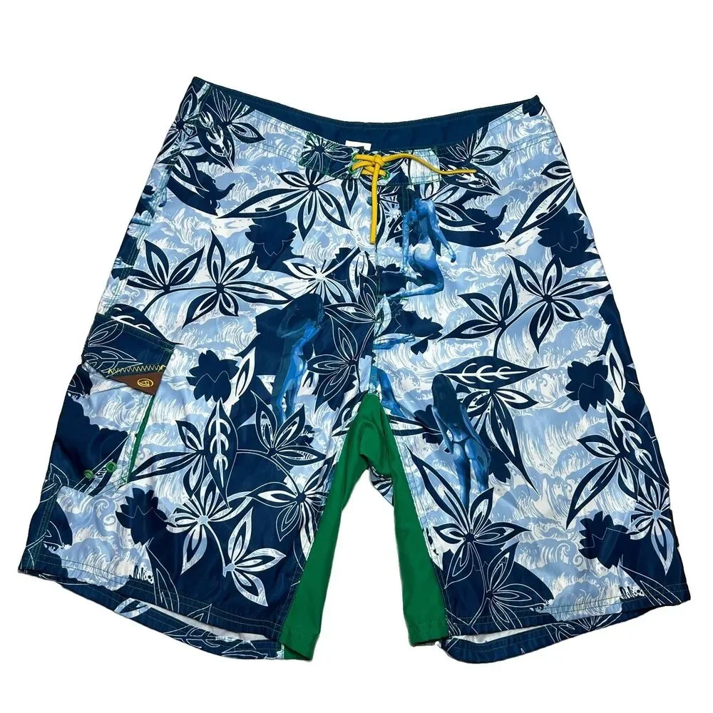 Reef Mens Vtg Y2K Board Shorts 36 Blue Bikini Tropical Floral Swim Trunks Surf